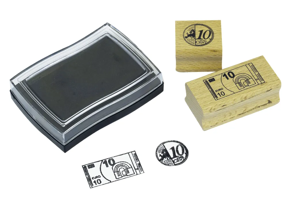 TimeTEX Set Währungs-Stempel EURO aus Holz mit Stempelkissen, 16-tlg.