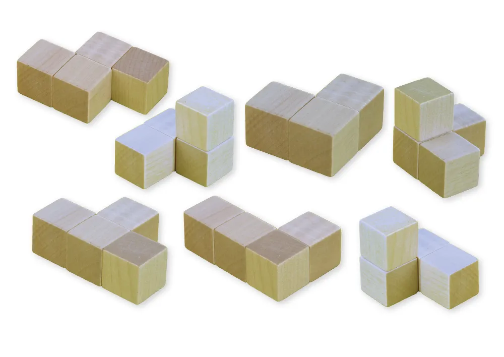 Soma-Holz-Würfel 60x60 mm, 7 Würfelfiguren in Beutel