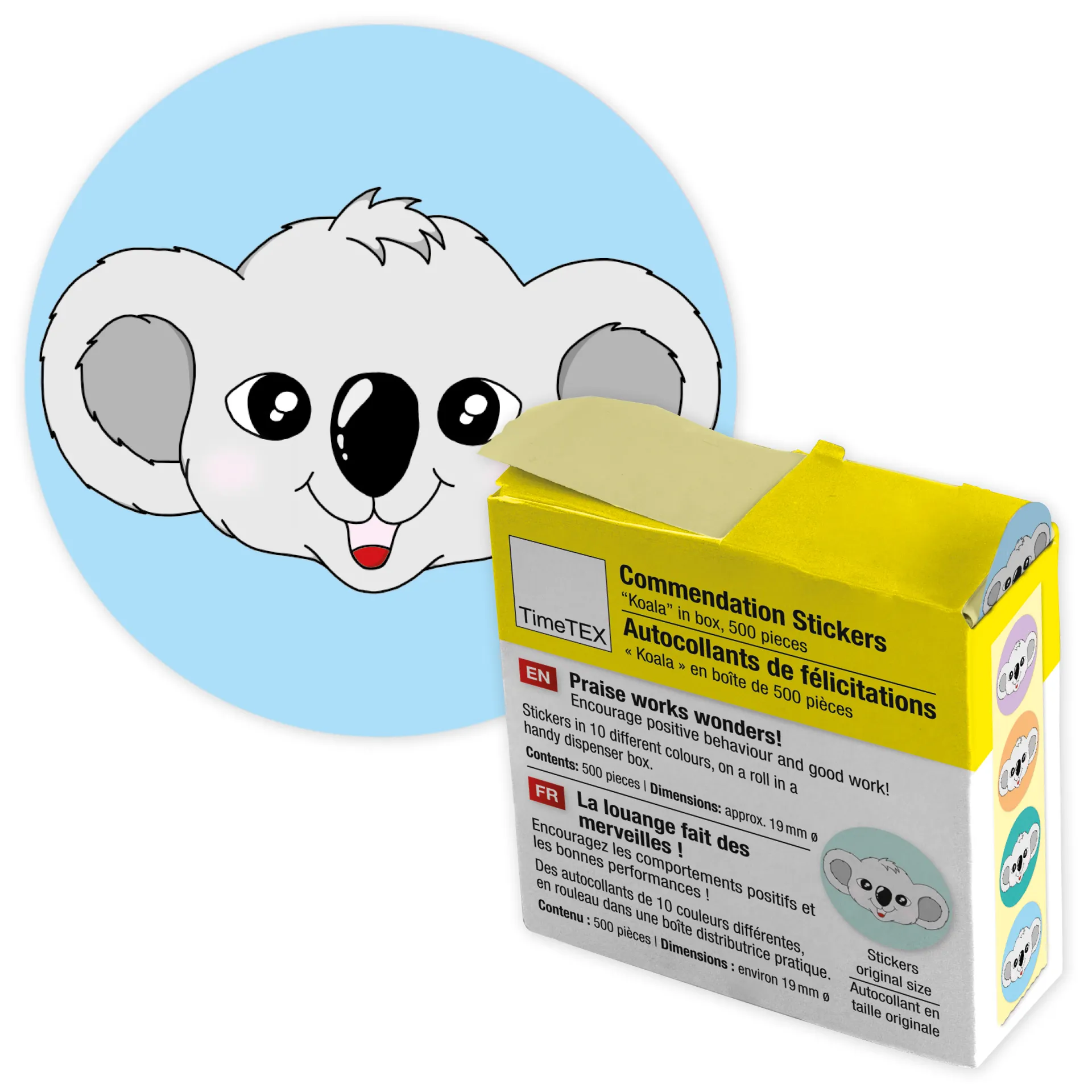 Belobigungs-Aufkleber "Koala" in Spender-Box, 500 Stück