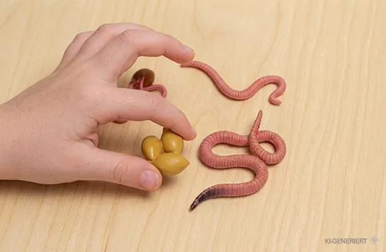 Auf einem Holztisch liegen die einzelnen Teile des "Hagemann Lebenszyklus-Modells Regenwurm"